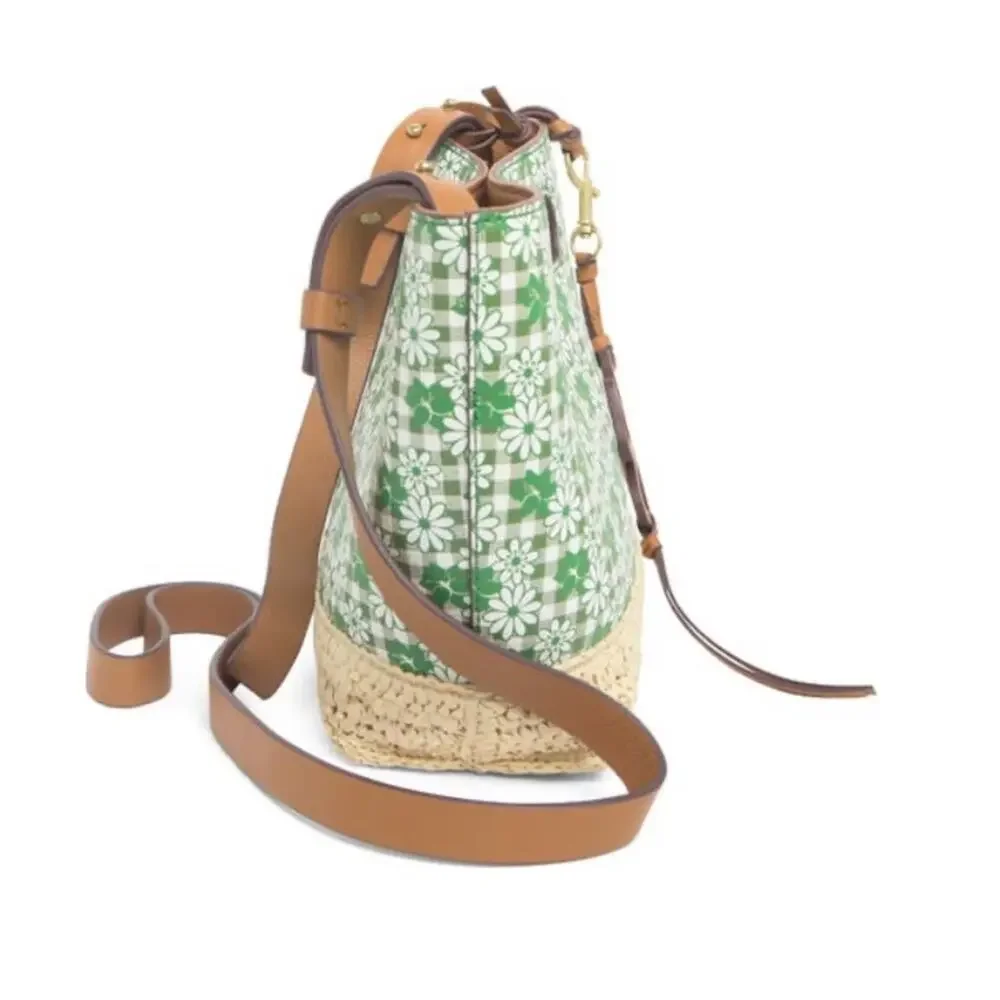 LUCKY BRAND Azon Leather/Raffia Crossbody Bag Green Tan NEW - Picture 2 of 10